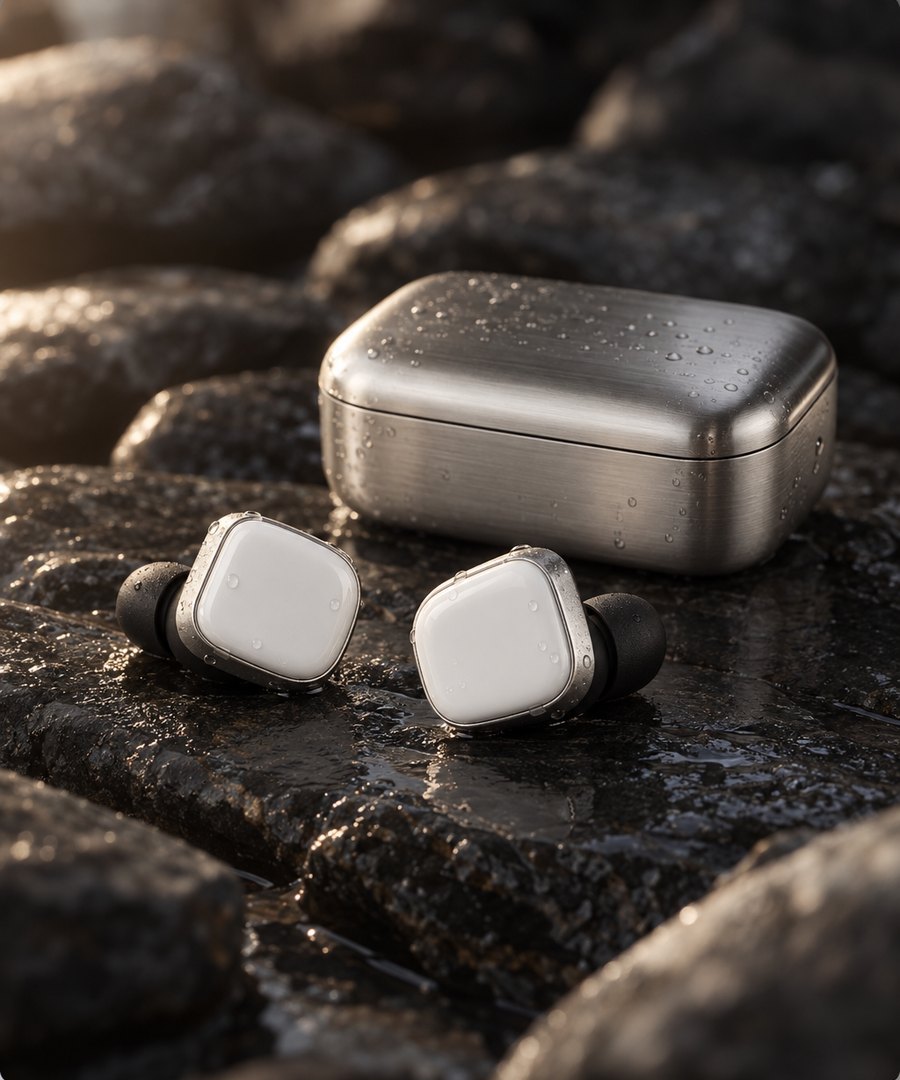 Hvide keramik-earbuds og etui i stål på våde skifersten Hvide keramik-earbuds og etui i stål på våde skifersten